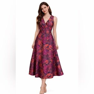 NWT KAY UNGER Charlotte Navy and Fuchsia Floral Midi Dress Prom Wedding Gala